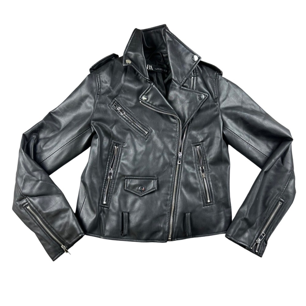 Zara Moto Jacket Women S Black Faux Leather Biker Motorcycle Asymmetric Zip